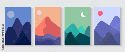 Mountain poster,cards, banner seamless pattern collection. Colorful Abstract wave flayer cover background set with geometric textures and nature environment shapes. minimalist, trendy, modern backdrop