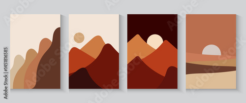 Mountain poster,cards, banner seamless pattern collection. Colorful Abstract wave flayer cover background set with geometric textures and nature environment shapes. minimalist, trendy, modern backdrop