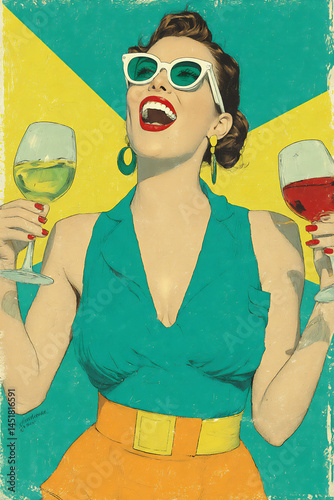 cheerful woman with two wine glasses in pop art style