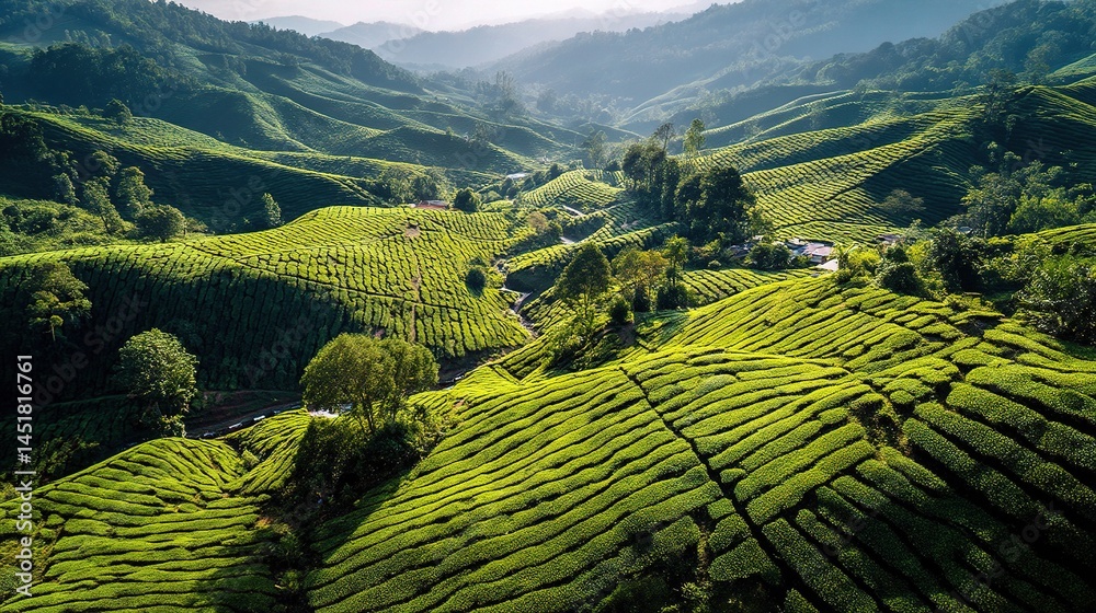 Fototapeta premium Lush Green Tea Plantation Landscape with Floating Clouds Over Hills