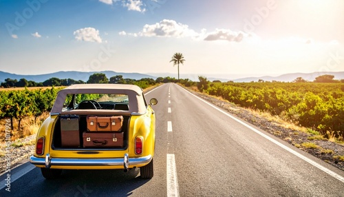yellow, car, road, suitcases, driving, sunny, day, travel, vehicle, journey, highway, transportation, adventure, luggage, vacation, summer, trip, outdoor, drivingday, cartrip, sunnyroad, speed, freedo photo