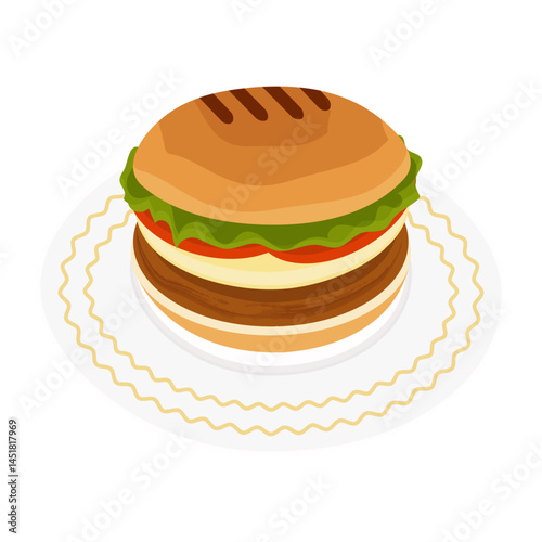 Hamburger isolated on white or transparent background. Vector illustration. Hamburger with cutlet, cheese, tomato and lettuce on white plate with golden border. Close-up element for design.