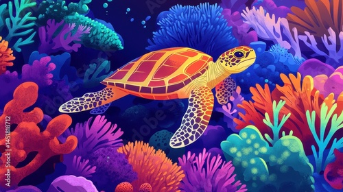 A vivid illustration of a sea turtle navigating through a colorful coral reef.