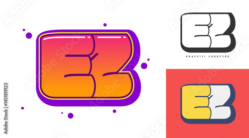 EZ logo design for festival or party. Initial letter e and z in graffiti style. Creative modern lettering company name of font typography. Kids trendy logotype or identity.
