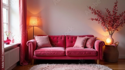 Relaxing Pink Living Room Interior Design with Velvet Sofa and Decorative Accents