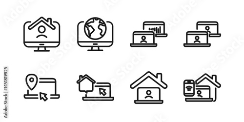 Remote Work Line Icons . Freelancer Work from Home, Video Call, Online Meeting, Teleconference Vector Set