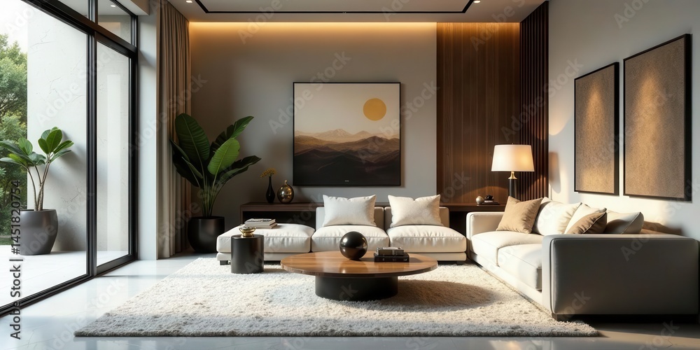 Fototapeta premium Serene Minimalist Living Room Design Featuring a Modern Sectional Sofa and Artistic Wall Decor