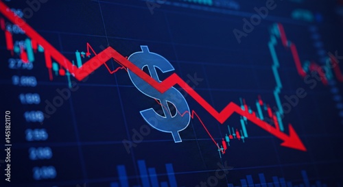 Red downward arrow showing stock market crash and dollar currency symbol indicating financial crisis and economic downfall. Negative trend display for trader analysis.