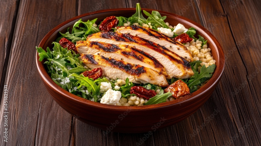 Grilled chicken salad bowl with sun-dried tomatoes and couscous Grilled chicken salad bowl with sun-dried tomatoes and couscous