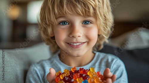 Smiling child holding gummy candies
