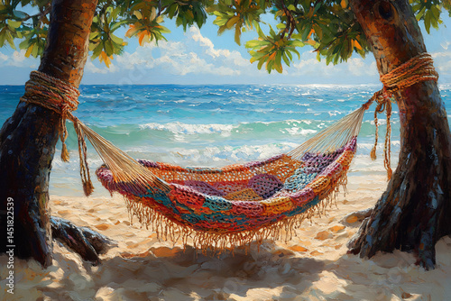 Tropical beach escape. Golden hour on Caribbean paradise. Crocheted hammock, turquoise water, frangipani trees, & exotic birds. Perfect for vacation ads & serene designs.