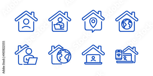Remote Work Line Icons . Freelancer Work from Home, Video Call, Online Meeting, Teleconference Vector Set