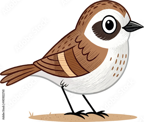 Cute cartoon sparrow bird with brown and white feathers standing on ground
