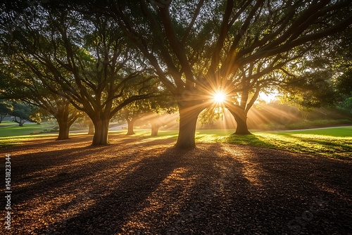 The Warm Glow of Early Morning Sunlight Streaming Through Trees photo