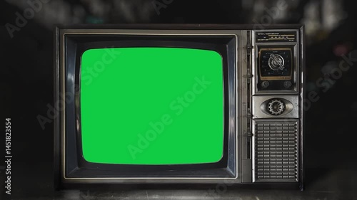 front view of old antique television with turn on and turn off blank green screen for TV receiver monitor