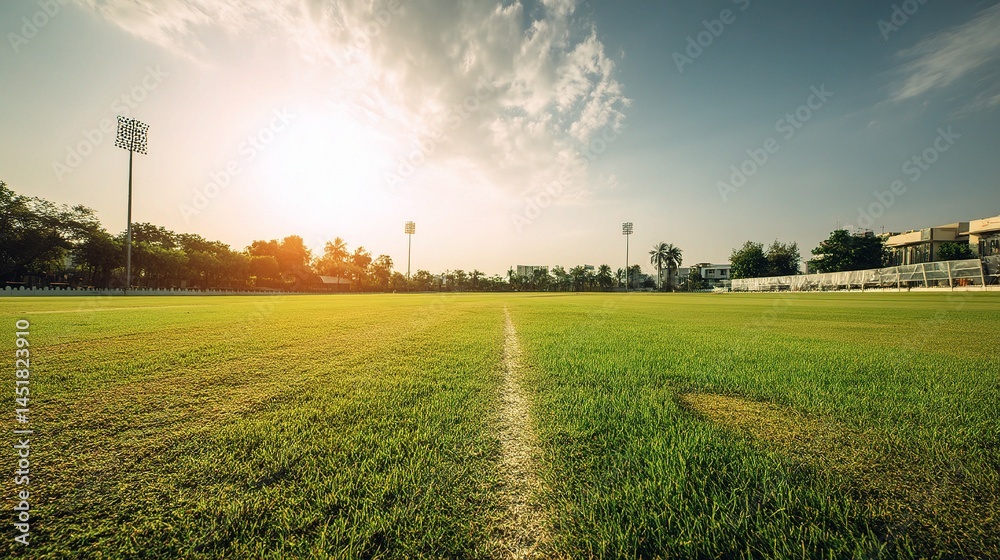 Obraz premium Fresh Green Turf and Central Pitch Alongside Cricket Field at Sunset