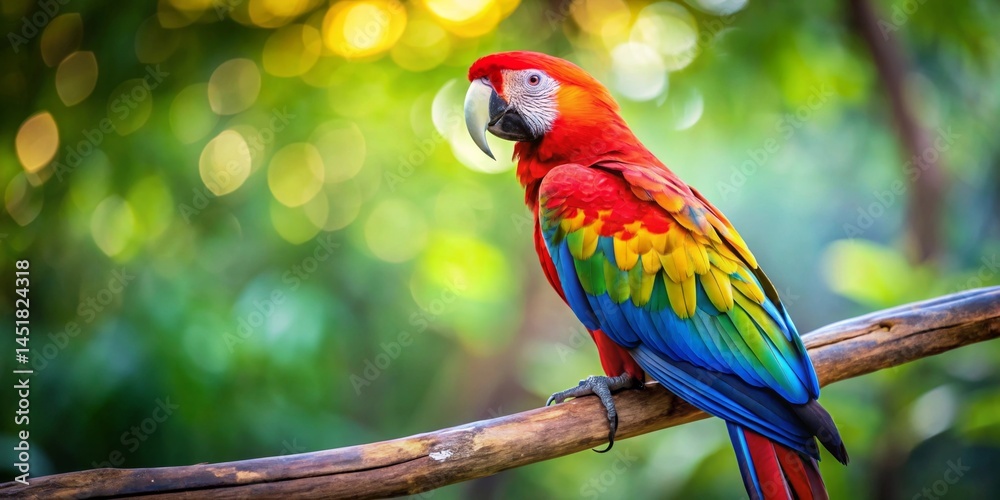 Obraz premium A Vibrant Scarlet Macaw Perched on a Branch, Displaying its Stunning Plumage Against a Softly Focused Green Background
