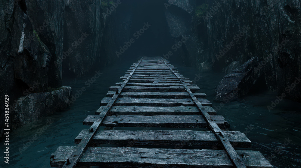 Obraz premium Abandoned Wooden Pathway Leading Into Dark Foggy Cave by Serene Calm Water Surface