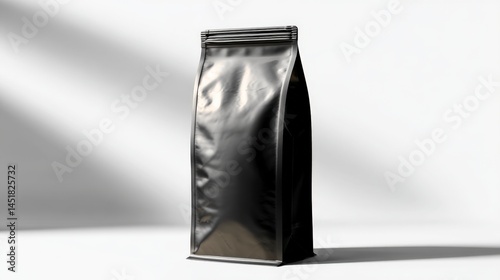 Black Coffee Bag with Degassing Valve on Isolated White Background photo