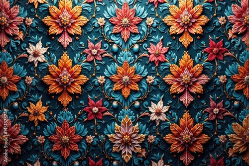 Intricate floral damask textile with ornate swirls, surface, art