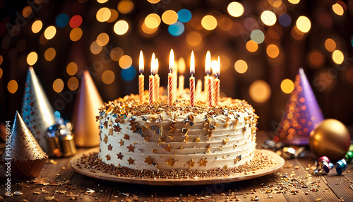 Birthday Cake with Colorful Lit Candles, Covered white Frost and Golden Sparkles, Bokeh Effect, Festival Decorations, Happy Birthday, Festive, Celebration 