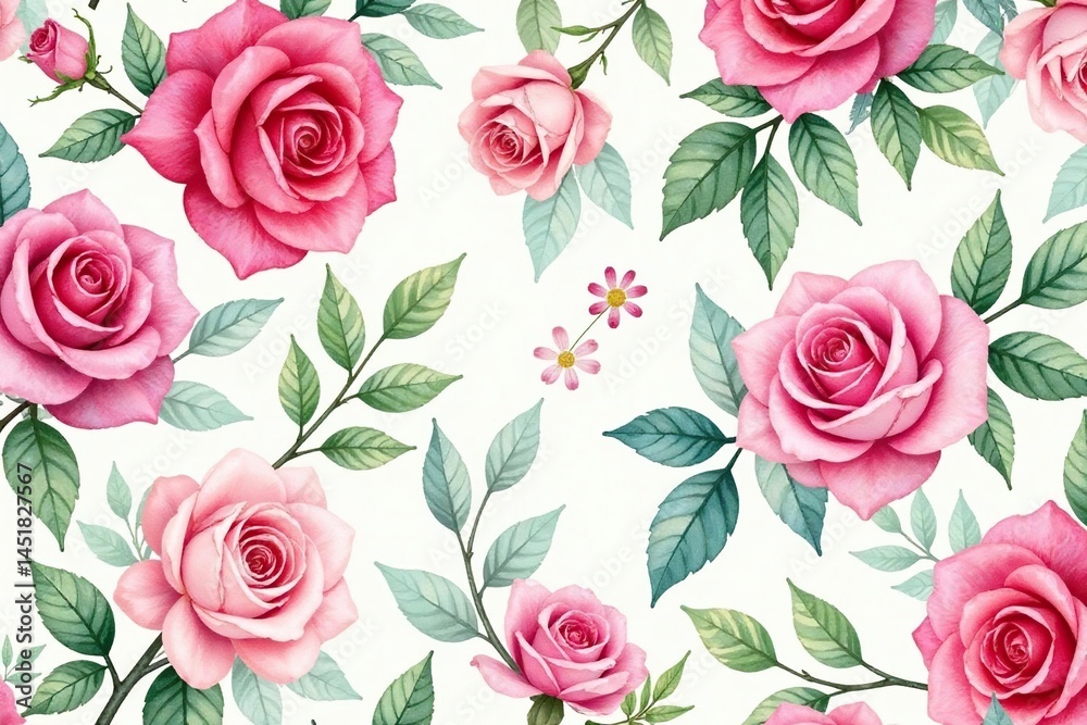Delicate watercolor roses & leaves, repeating pattern, red, botanical, seamless pattern Delicate watercolor roses & leaves, repeating pattern, red, botanical, seamless pattern
