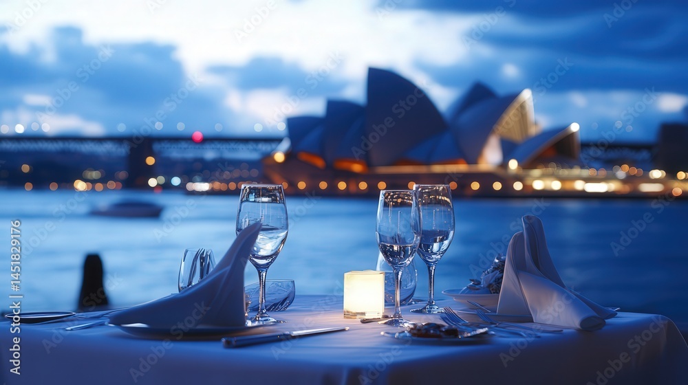 Naklejka premium Dine alfresco with perfectly paired dishes and wine, as Sydney Harbour stretches out in a mesmerizing display of natural and urban beauty.