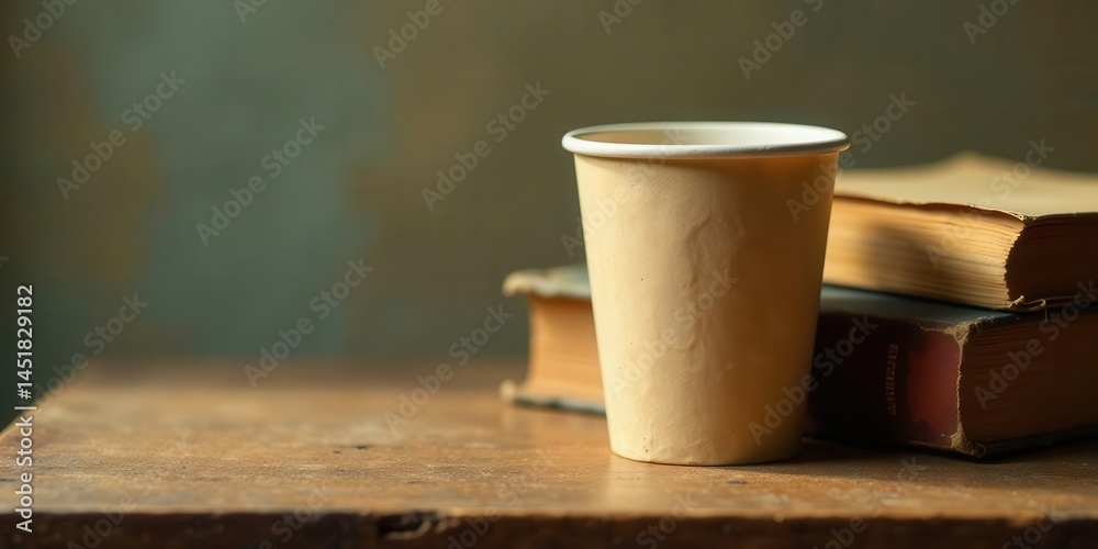 A Simple Still Life Featuring a Disposable Cup and Aged Books on a Rustic Wooden Surface A Simple Still Life Featuring a Disposable Cup and Aged Books on a Rustic Wooden Surface
