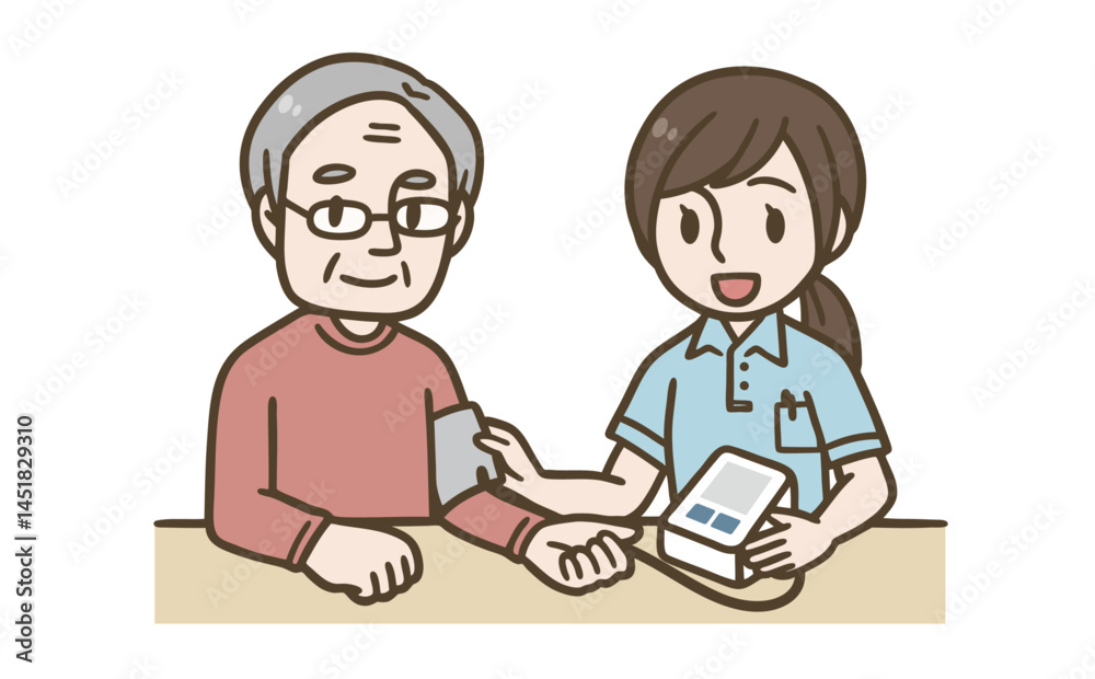 高齢者の血圧測定をする介護士のイラスト(医療・介護) 高齢者の血圧測定をする介護士のイラスト(医療・介護)