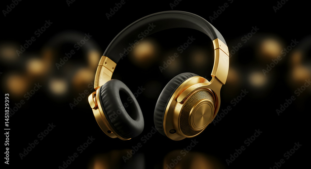 Fototapeta premium Headphones in Gold and Black Finish on Dark Background