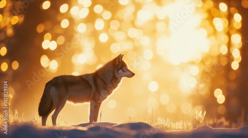 A wolf standing in the wilderness as the sun sets, with bokeh lights creating a dreamy background. photo