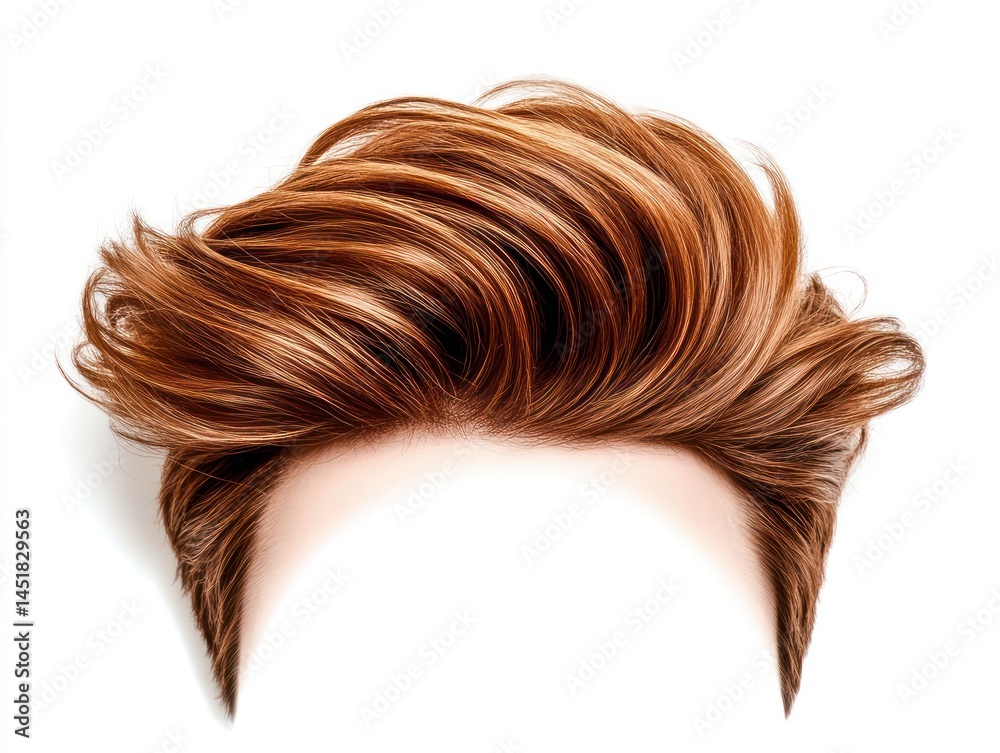 luxury brown hair wig on a white background, fresh and modern male haircut