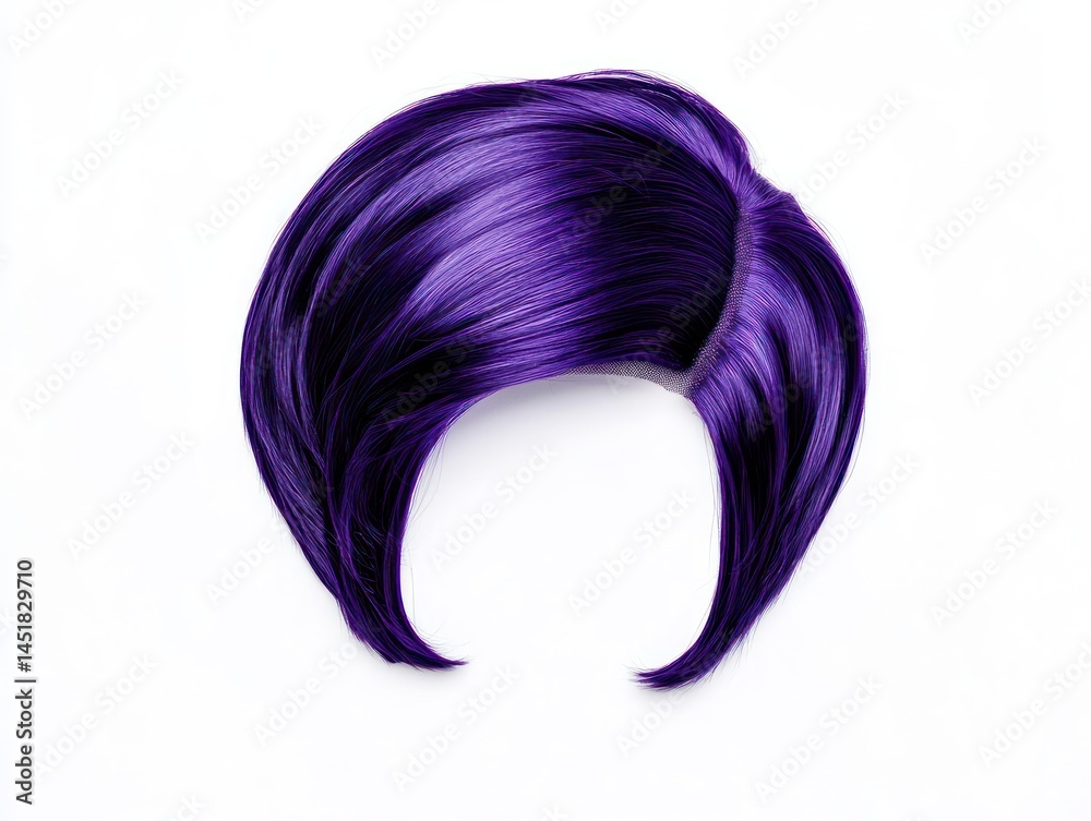 purple hair wig on a white background, stylish haircut with a side part and a sleek style