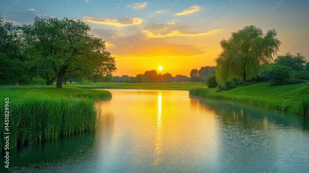 Fototapeta premium Serene sunrise over tranquil lake, lush greenery surrounds