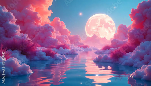 A surreal and enchanting landscape with pink clouds and a full moon reflected on water.