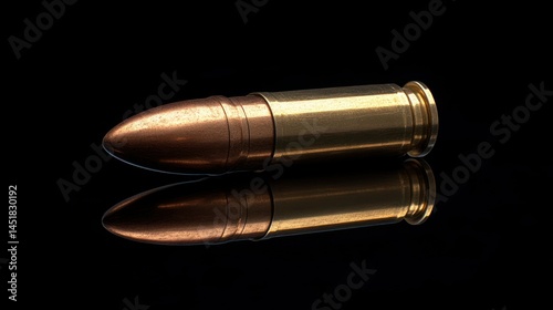 Single cartridge on black surface with reflection