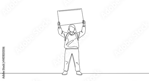 Person protesting with a sign in a minimalistic outline style  