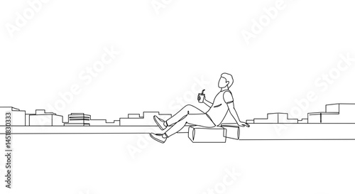Person relaxing and enjoying a snack against a city skyline  