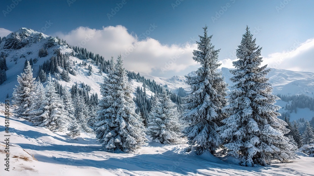 Fototapeta premium Snow Covered Pine Trees in Stunning Mountainous Landscape