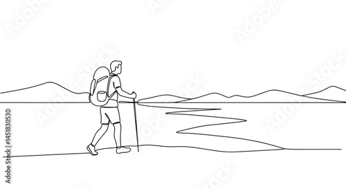 Line Art of Hiker Walking with Backpack Against Mountain Landscape  