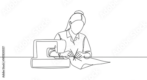 Seamstress crafting a design using a sewing machine in a minimalist style  
