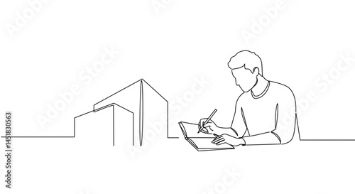 Man sketching architectural design against minimalistic background  