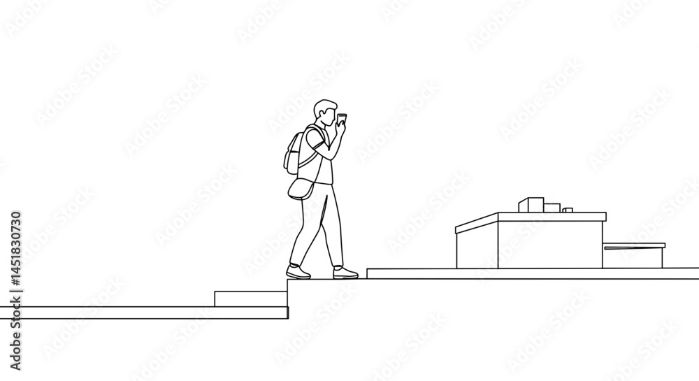 Fototapeta premium Person walking and taking a photo with backpack in a minimalist setting 