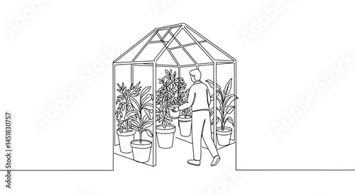 Person tending plants in a greenhouse setting  