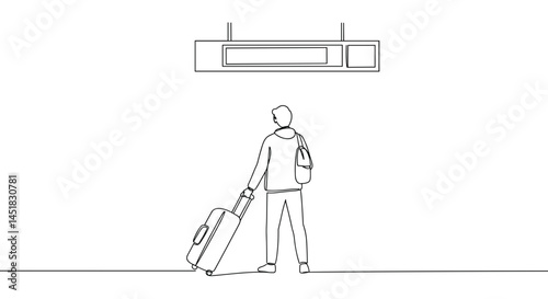 Minimalist traveler waiting at station with suitcase  