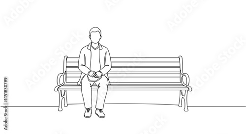 Man sitting pensively on a bench against a minimalist background  