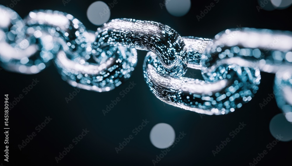 Close-up of a metallic chain, links interconnected, glistening with tiny crystals, dark background Close-up of a metallic chain, links interconnected, glistening with tiny crystals, dark background