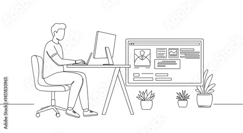 Person working on computer while sitting at desk with plants  