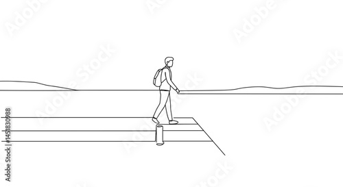 Person walking thoughtfully on a dock by the water  