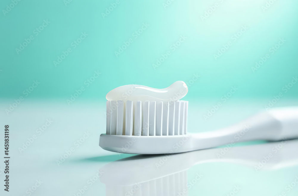 A close-up of a perfectly white toothbrush with a carefully applied drop of clear toothpaste that shimmers slightly in the light. A close-up of a perfectly white toothbrush with a carefully applied drop of clear toothpaste that shimmers slightly in the light.